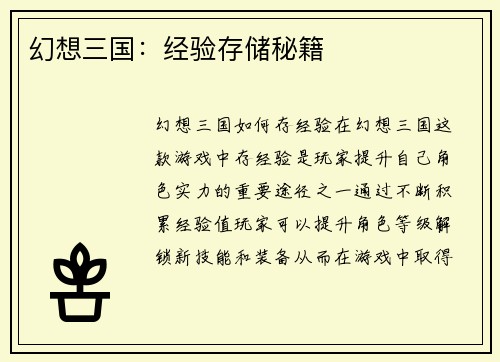 幻想三国：经验存储秘籍